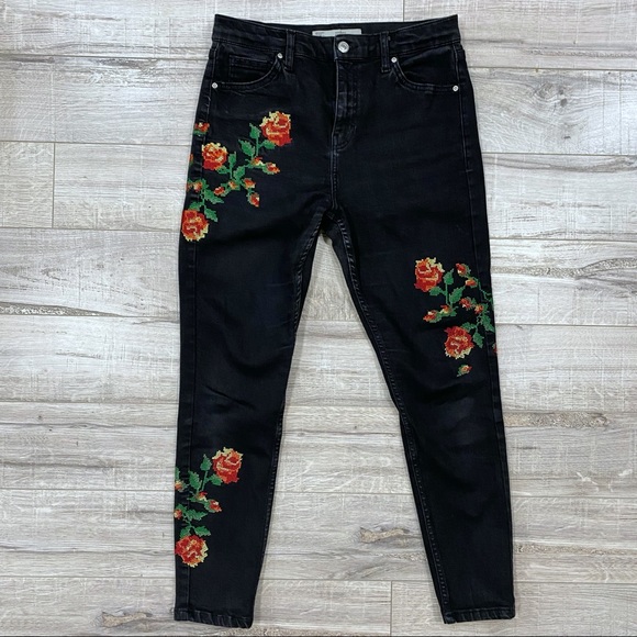 Topshop Denim - Topshop Jamie High Waisted Embroidered Roses Black Cropped Stretchy Jeans 30